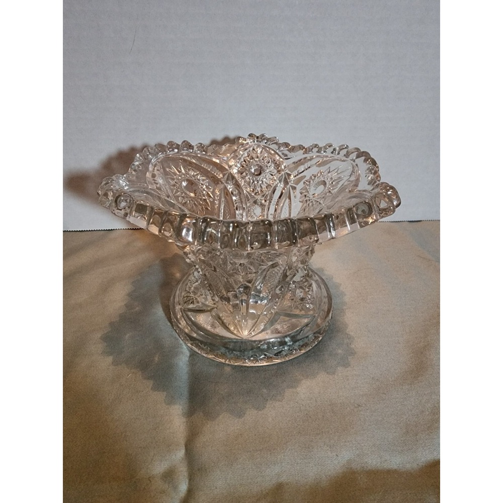 Antique EAPG Clear Cut Glass Sawtooth Edge Fluted Short Vase Candle Holder Bowl